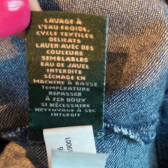 Lauren Ralph Lauren Denim Shift Dress Size 14,Lace-Up Neckline, Embroidery - Picture 4 of 10